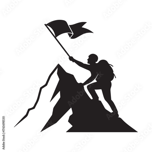 Black Silhouette Vector of Mountain Climber with Flag on Peak