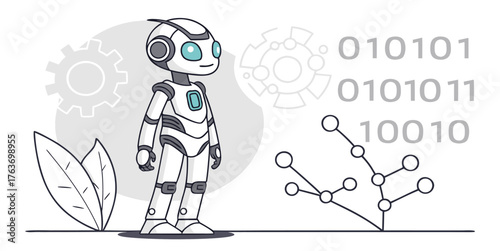 Charming robot assistant ready to help with your AI tech or coding project; modern design perfect for startups