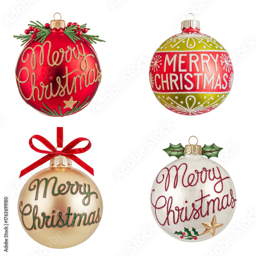 Four decorative Christmas baubles each inscribed 