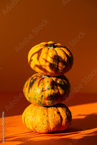 Decorative pumpkins stacked on top of each other on an orange background, hard light. Fall composition for Thanksgiving Day, still life background. Vertical orientation.