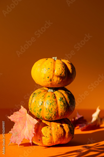 Decorative pumpkin pumpkins stacked on top of each other with autumn leaves on an orange background, hard light. Fall composition for Thanksgiving Day, still life background. Vertical orientation.