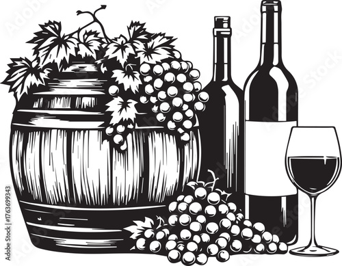 Wine-themed silhouette — black and white illustration of barrel, bottles, glass, grapes, and vines for vineyard and culinary use