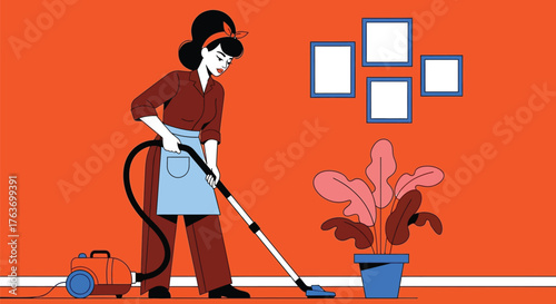 Woman cleaning house with vacuum cleaner home cleaning service