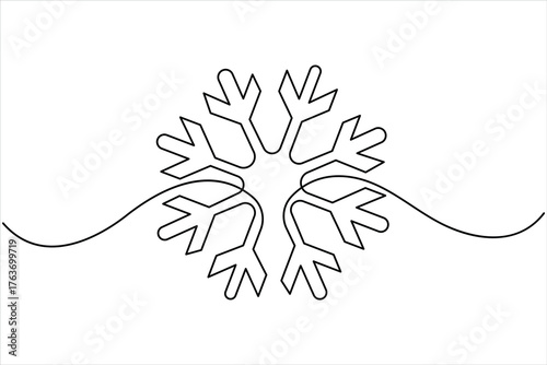 One continuous line art drawing of Christmas snowflake. Winter snow and cold flake symbol in simple linear style vector illustration