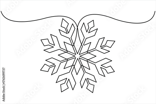 One continuous line art drawing of Christmas snowflake. Winter snow and cold flake symbol in simple linear style vector illustration