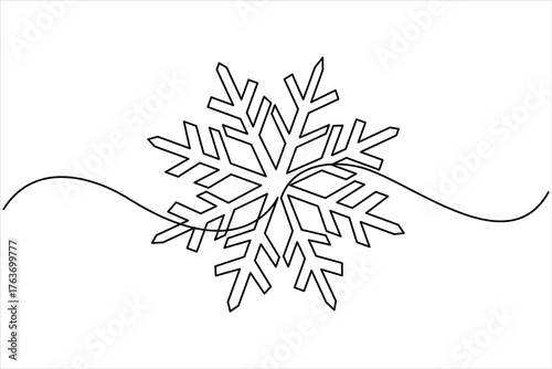 One continuous line art drawing of Christmas snowflake. Winter snow and cold flake symbol in simple linear style vector illustration