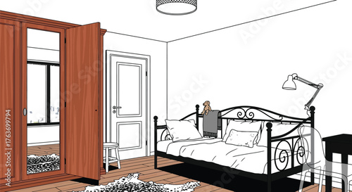 Bedroom interior design with bed wardrobe and modern furniture