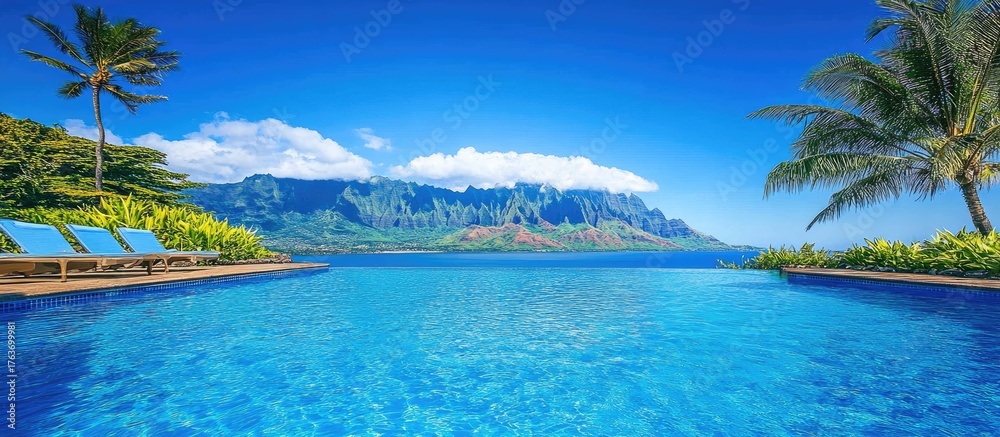 Fototapeta premium Idyllic Tropical Infinity Pool with Majestic Mountain Backdrop and Azure Sea