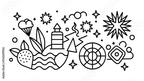 Summer Themed Outline Icons with Ice Cream Lighthouse and Waves Keywords: ice cream, lighthouse, wave, strawberry, lifebuoy, star, circle, cross