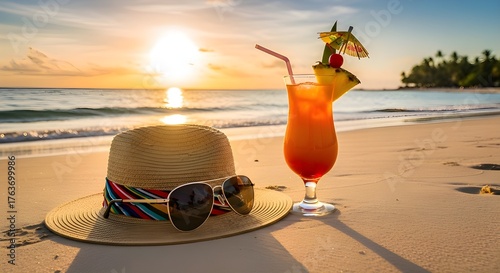 A refreshing cocktail sits on a sandy beach next to a straw hat and sunglasses as the sun sets over the ocean in a tropical paradise, creating a serene scene