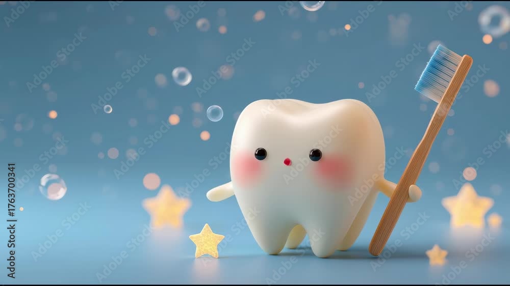 Cute cartoon tooth character with a toothbrush, bubbles, and stars on a ...