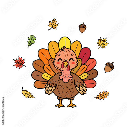 Illustration of hand drawn cute thanksgiving turkey with autumn leaves isolated on white isolated on transparent background
