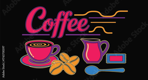 Coffee shop logo design with cup beans and milk vector graphic