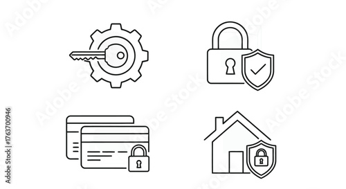 Vector illustration of set of security and protection icons in outline style, includes key, padlock, credit card, and house symbols for data privacy and safety