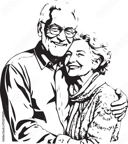 Senior couple silhouette — black and white affectionate scene of two elderly individuals embracing for family and relationship themes