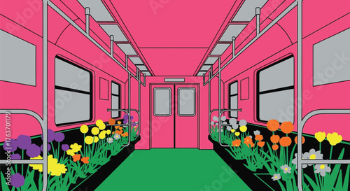 Pink subway train interior with flowers illustration artwork