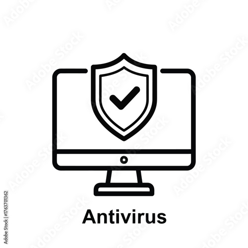 Vector illustration of antivirus software protects your computer from malware and viruses, shield icon on the screen indicates that the system is secure