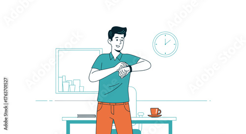 A man looking at his smartwatch in an office setting, checking the time on a sunny day