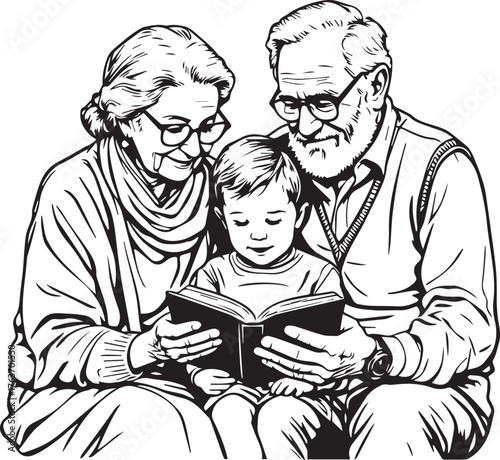 Intergenerational reading silhouette — black and white scene of grandparents and child sharing a book for family and education themes
