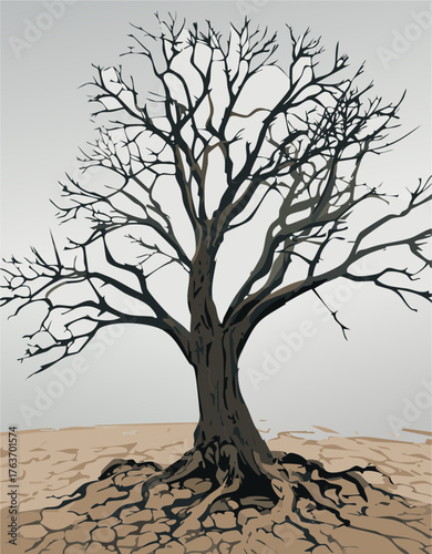 A black silhouette of a dead tree with bare branches in a dry desert landscape or on a beach