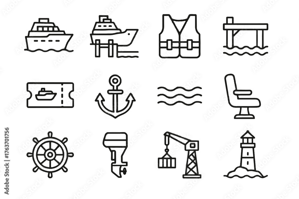Naklejka premium Icons crane wheel transport anchor boat dock icon water vector engine pier