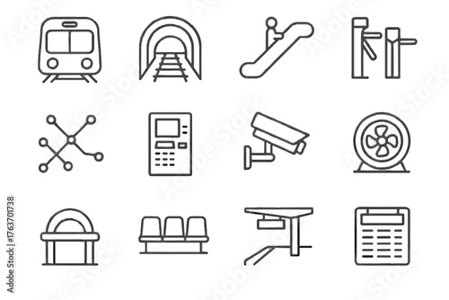 Set board tunnel system camera metro underground platform ventilation icon vector