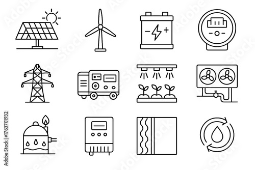 Farming energy inverter vector biogas wind vertical system icon control connection recycling