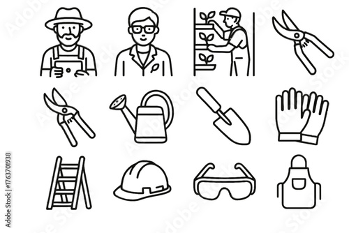 Tablet icons pruning harvesting farmer vector vertical icon glasses can helmet technician