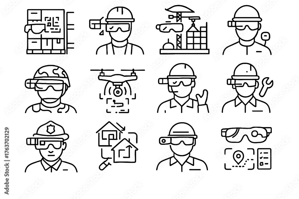 Obraz premium Inspection ar vector firefighter surgery smart face engineer icon glasses maintenance scanning