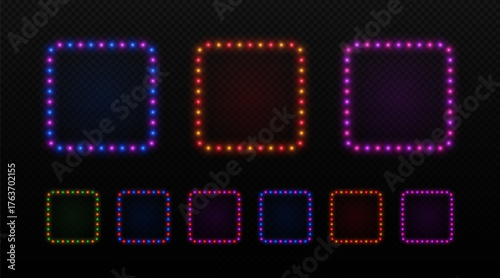Light bulbs square neon frame. Box retro border with led lamps. Vector set of blue, purple and red color for cinema, casino and circus advertising.