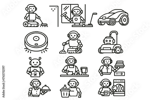 Set vector kitchen home icon cleaning robot laundry robotics smart mopping butler