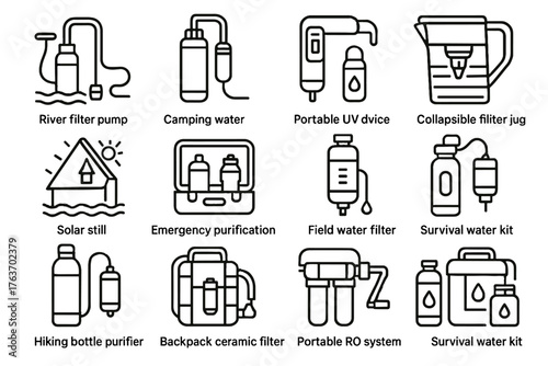 Outdoor camping purification icon purifier system filter still vector ro water ceramic
