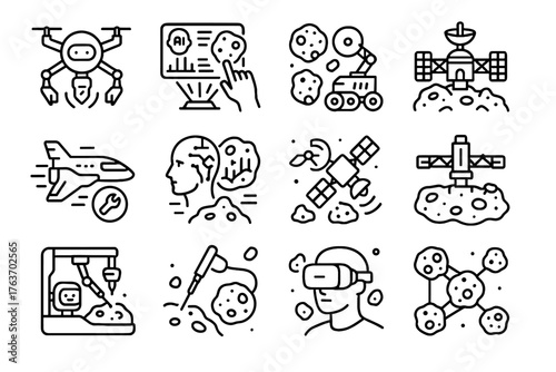 Icon station satellite space asteroid futuristic processing analyzer mining smart sample vector
