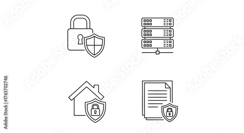 Vector illustration of set of security icons these icons represent various aspects of security, including data protection, server security, home security, and document security
