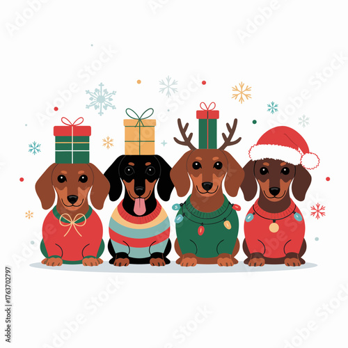 Festive dachshund family with scarves antlers Santa hat, snowflake background, funny holiday pets, cozy Christmas vector