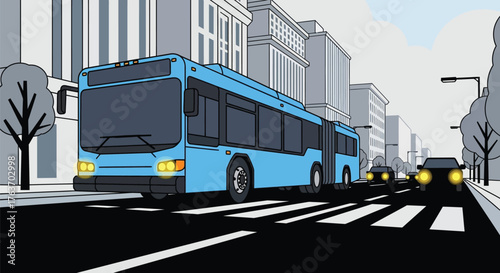 Cartoon city street scene with bus cars and buildings artwork