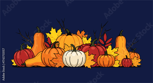 Autumnal Bounty Festive Harvest Display of Pumpkins and Fall Leaves for Seasonal Celebrations