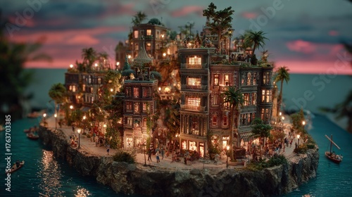 Fototapeta Naklejka Na Ścianę i Meble -  Miniature Island City At Sunset