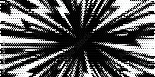 Hexagon halftone gradient texture. Abstract black grunge background. Geometric retro halftone tech overlay. Fading wavy hexagonal pattern backdrop. Vector vanishing honeycomb grunge bitmap wallpaper