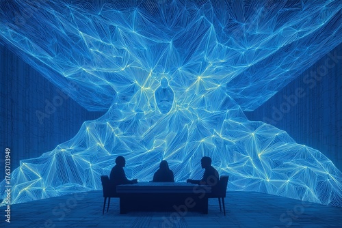 Four people engage in discussion in a futuristic room with vibrant blue and yellow digital art at an art installation