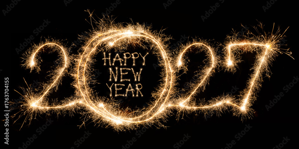 Fototapeta premium happy new year, new year's eve celebration holiday greeting crad long with text - 2027 sparklers font lettering, isolated on black night sky background