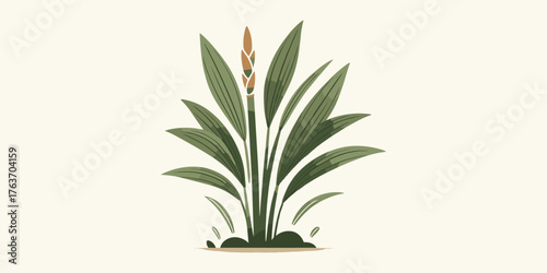 Stylized plant with budding flower and lush green leaves art