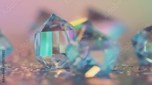 Iridescent Crystal Formation Shimmering on a Textured Surface under Pastel Lights