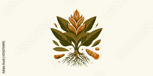 Vibrant stylized illustration of a turmeric plant, showcasing its green leaves, orange flower, and prominent roots and rhizomes, embodying natural health and botanical essence