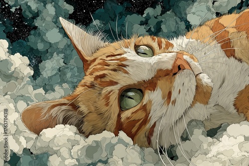 Orange tabby cat resting peacefully on fluffy clouds in a dreamy, celestial landscape at night