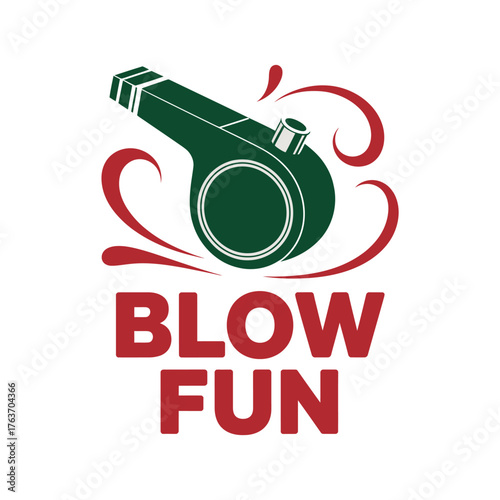 Blow fun poster, red whistle icon with motion swirls, lively celebration mood, playful sporty holiday vector