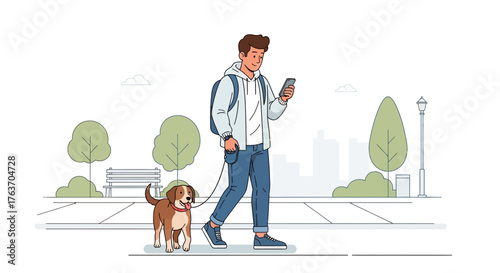 A Person With Their Dog Strolls While Texting in a Stylized Outdoor Setting