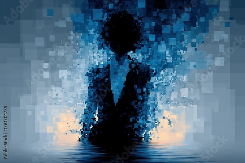 Digital art depicting a faceless figure merging with a pixelated background at twilight