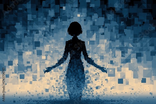 Silhouette of a person surrounded by digital pixels creating a dynamic visual effect