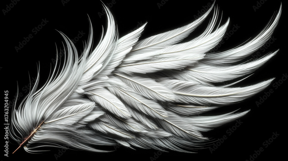 Fototapeta premium A wing of white feathers on a black background design art